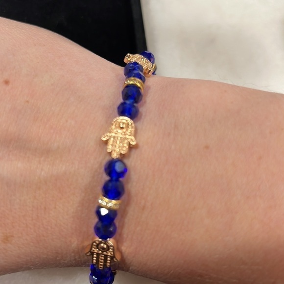Blue Cobalt Beaded Gold Hand of Fatima (Hamsa) Glass Stretch Bracelet - Picture 3 of 4